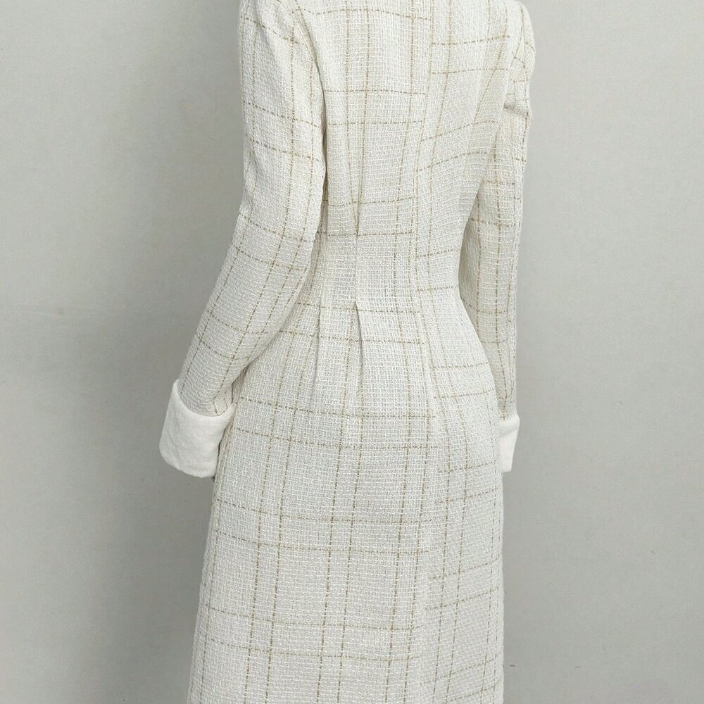 White Elegant Women's Long Sleeve Double-Breasted Coat w/Cinched Waist Cuff Fur - Picture 2 of 7